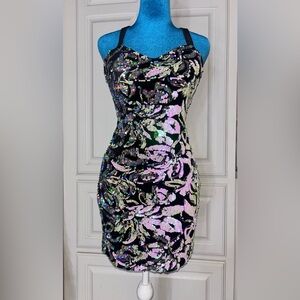 Blondie Nites Black Sequin Strapless Floral Dress with Iridescent Accents